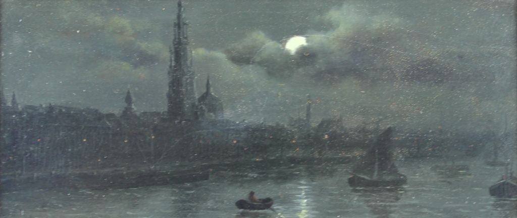 tableau Lune sur la rade d'Anvers   marine,paysage,paysage marin  huile panneau 19e sicle