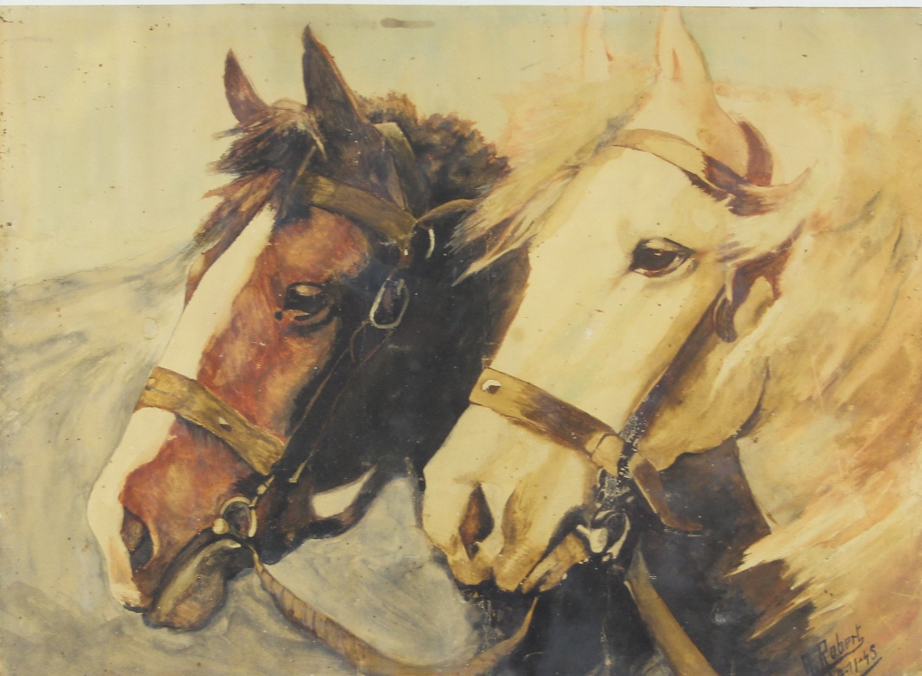 tableau Les deux chevaux Robert A animaux  mixte papier 1re moiti 20e sicle