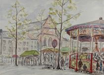tableau Kermesse au jeu de balle    scène de genre,ville  aquarelle papier 2ième moitié 20e siècle