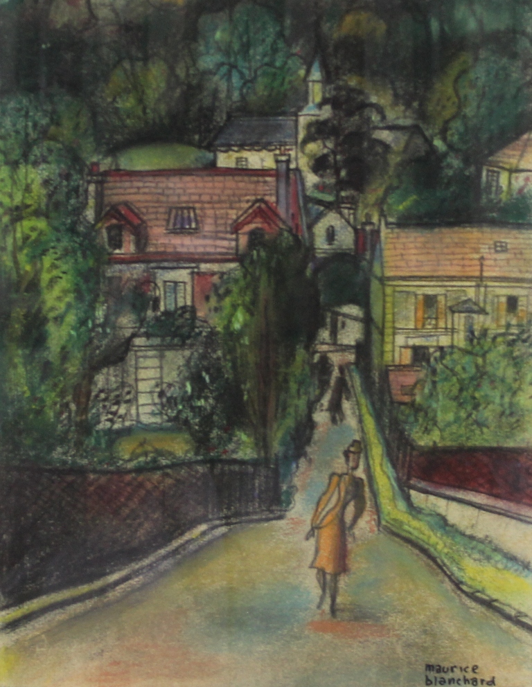 tableau Promenade au village BLANCHARD Maurice paysage,personnage,village  pastel papier 1re moiti 20e sicle