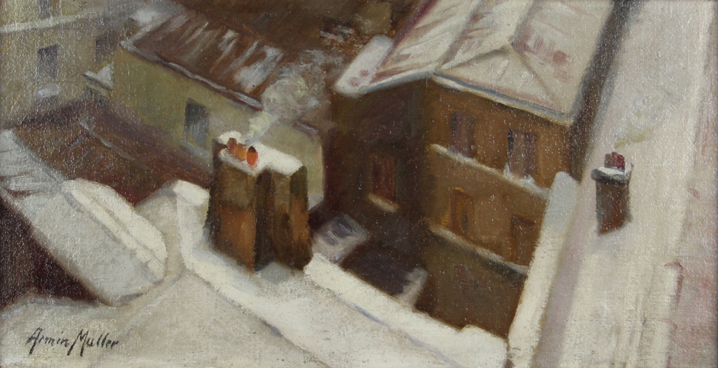 tableau Les toits en hiver MULLER Armin paysage  huile panneau 1re moiti 20e sicle