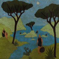 tableau les calanques  BORLA Lionel marine,paysage marin,personnage  huile papier 2ième moitié 20e siècle
