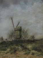 tableau Le moulin de Coxyde Foor Toon personnage,moulin  pastel papier 2ième moitié 20e siècle