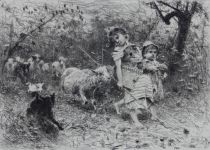 tableau Jeunes Bergers des environs de Chieti (Italie)  MICHETTI Francesco Paolo animaux,scne rurale  estampe papier 19e sicle