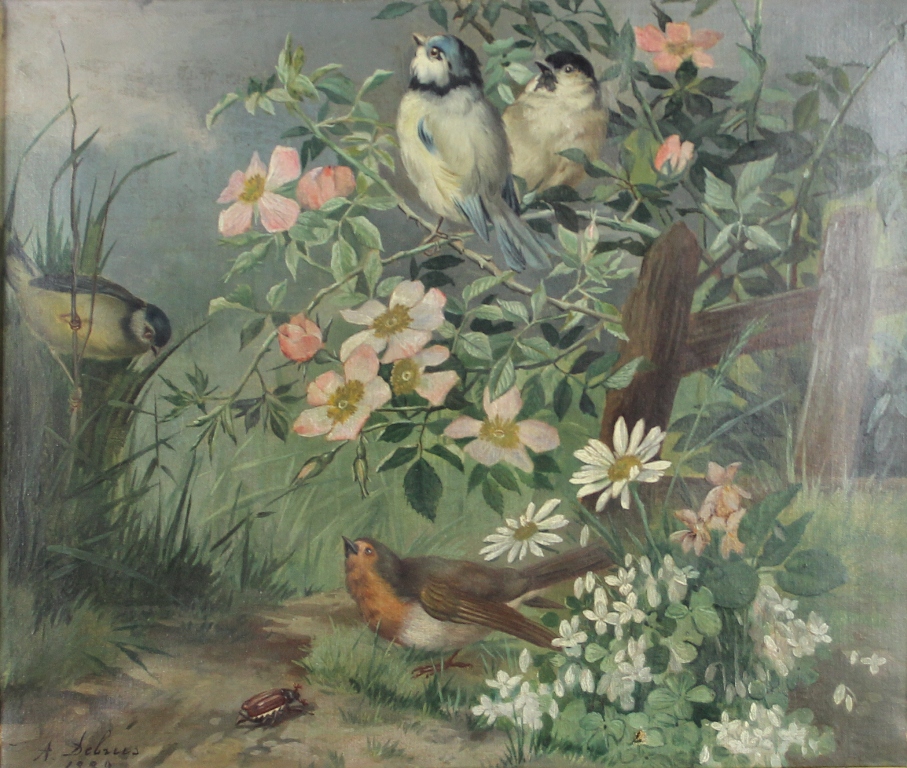 tableau Les oiseaux Debrus Alexandre animaux,fleurs  huile toile 19e sicle