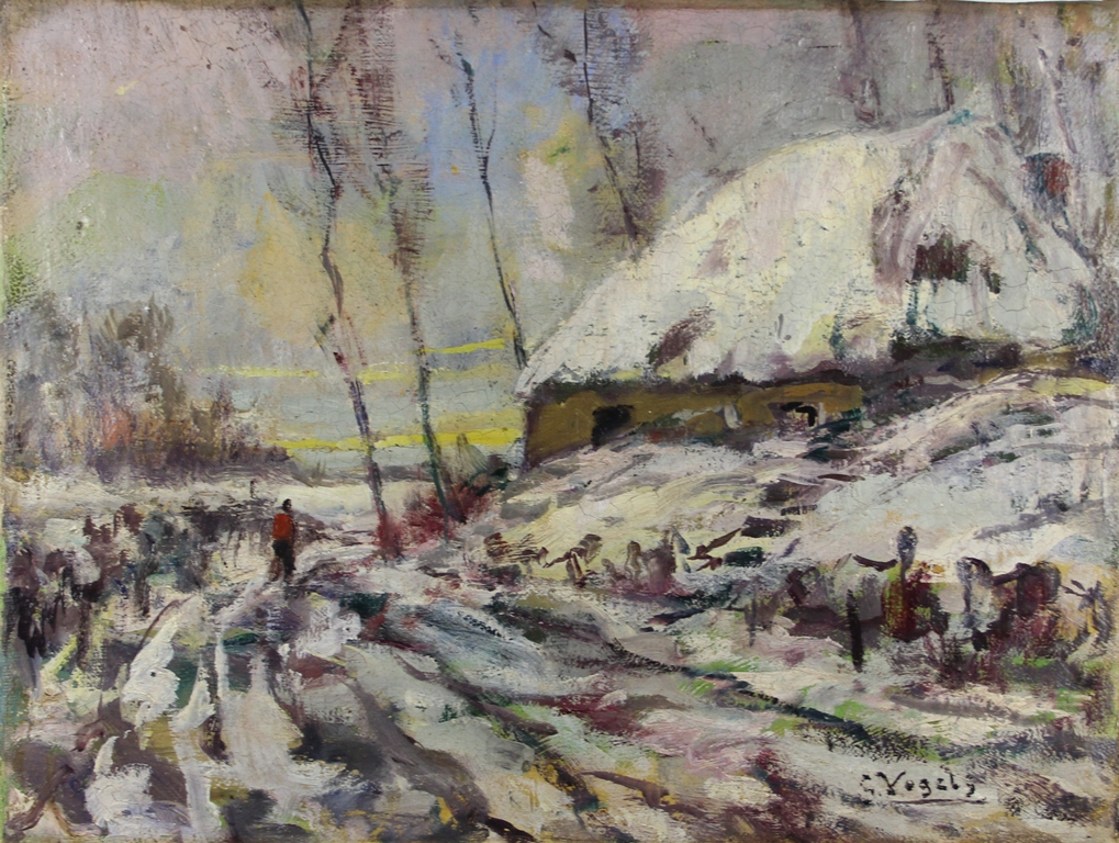 tableau Chaumire sous la neige Vogels Guillaume paysage,scne rurale  huile toile 19e sicle