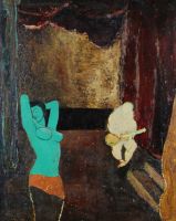 tableau Au théâtre    musique,personnage,scène de genre  huile triplex 2ième moitié 20e siècle