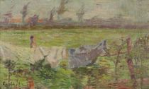 tableau Le séchage des draps Charlet Emile paysage,scène rurale  huile marouflé 1ère moitié 20e siècle