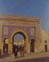 tableau Fès de Bruyne Marcel orientaliste,ville  huile carton 2ième moitié 20e siècle