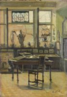 tableau L'intérieur du collectionneur Van Pée E scène d'intérieur  huile toile 1ère moitié 20e siècle