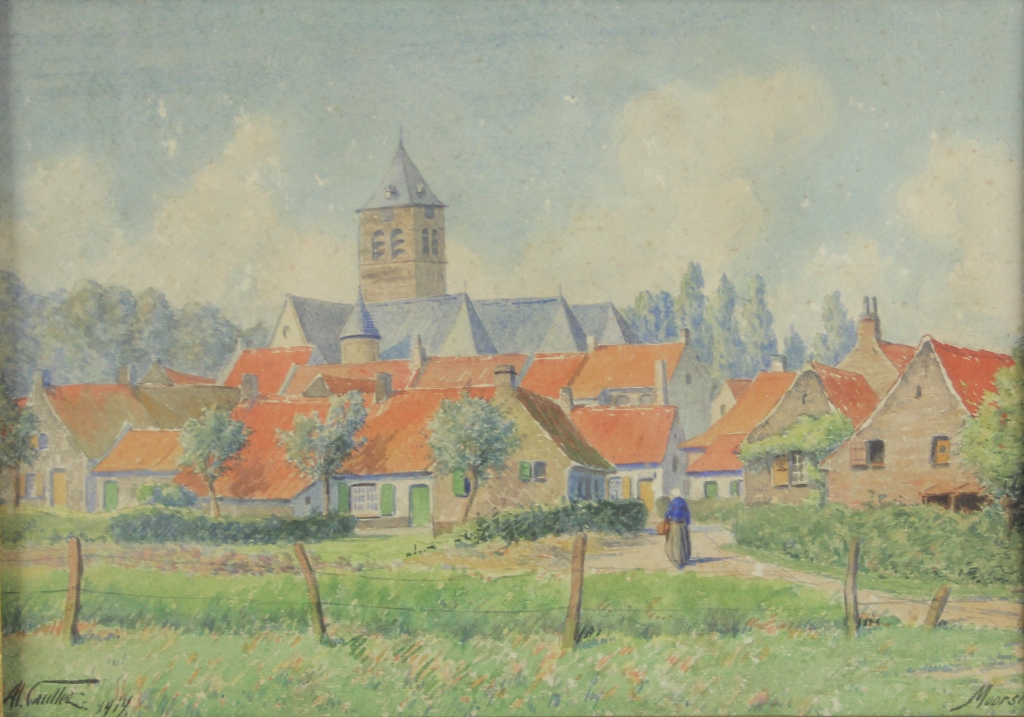 tableau Village de Moorseel Caullet Albert scène rurale,village  aquarelle papier 1ère moitié 20e siècle