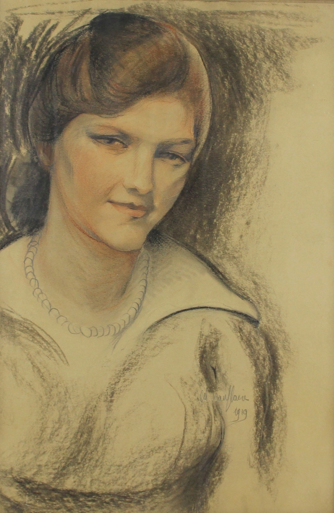 tableau La femme au collier Scauflaire Edgard personnage,portrait  mixte papier 1re moiti 20e sicle