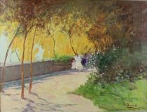 tableau Promenade au parc Busa Armando  personnage,scène de genre  huile toile 2ième moitié 20e siècle