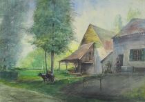 tableau Printemps  la ferme Sinet Louis Ren Hippolyte scne rurale  aquarelle papier 19e sicle