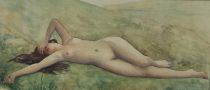 tableau Le repos   nu,paysage,personnage  aquarelle papier 1ère moitié 20e siècle