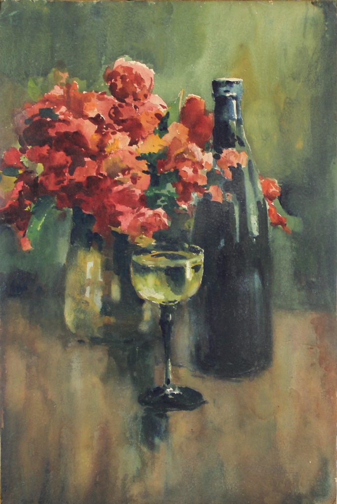 tableau Le verre de vin   fleurs,nature morte  aquarelle papier 1re moiti 20e sicle
