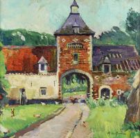 tableau Le Château ferme Du Monceau (De Bergendael) Mathilde paysage  huile panneau 1ère moitié 20e siècle