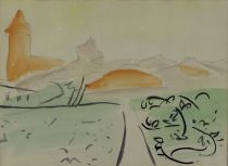 tableau Saint Bertrand de Comminges Howet Marie paysage,village  aquarelle papier 1ère moitié 20e siècle