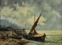 tableau Le petit port de pêcheurs   marine,paysage,paysage marin  huile toile 19e siècle