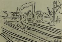 tableau La gare Chabaud Auguste Elisée paysage  encre papier 1ère moitié 20e siècle