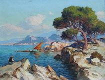 tableau Bord de Méditerranée  Vidal Gustave  marine,paysage,paysage marin,personnage  huile toile 1ère moitié 20e siècle