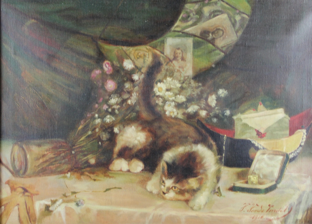 tableau Jeu de chat Van de Vondel Victor animaux,scne d'intrieur  huile toile 1re moiti 20e sicle