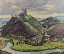 tableau Chèvremont Disteche (Dist) Robert paysage,village  huile panneau 2ième moitié 20e siècle