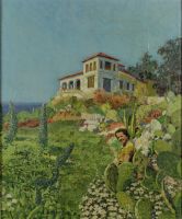 tableau La villa   paysage,personnage  huile toile 1ère moitié 20e siècle