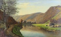 tableau La valle KRUSEMAN Jan Theodor paysage,village  huile toile 19e sicle