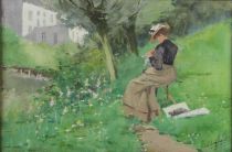 tableau La couseuse au jardin Rombouts Edgard personnage,scne de genre  aquarelle  1re moiti 20e sicle