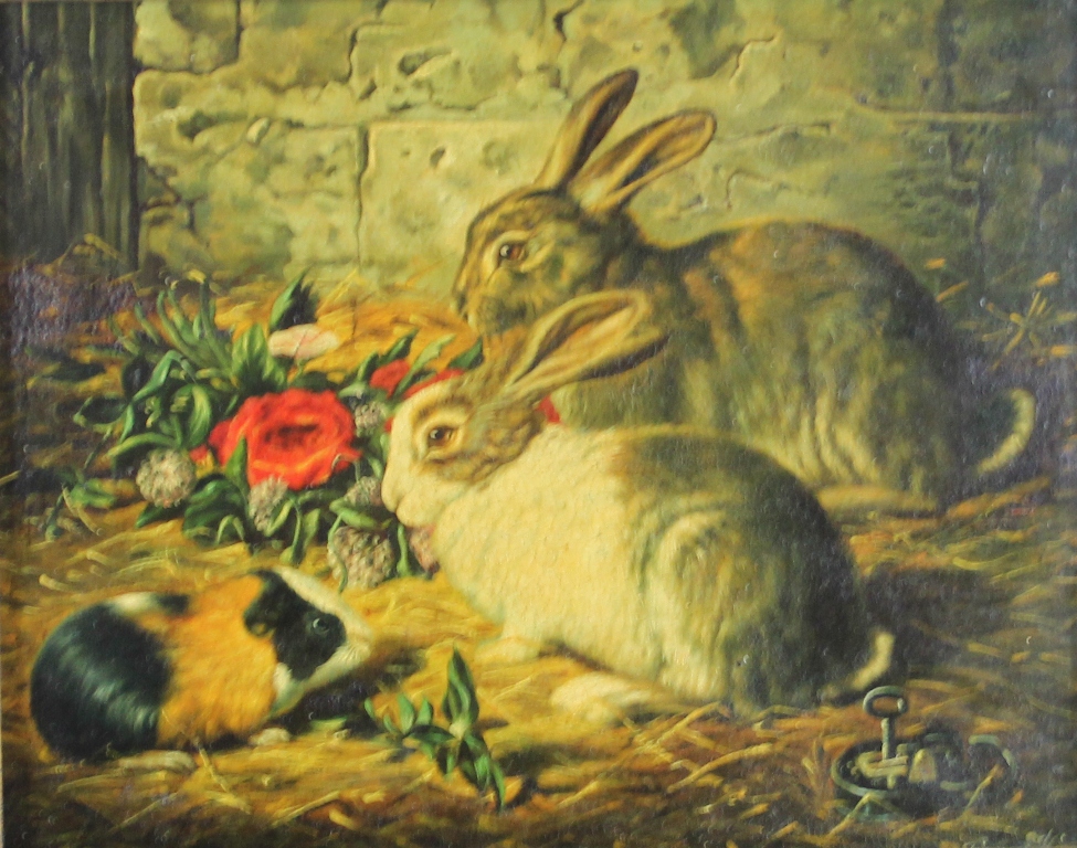 tableau Les lapins et le cabaye   animaux  huile panneau 1re moiti 20e sicle