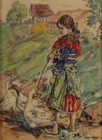 tableau La gardienne d'oies    animaux,personnage,scène rurale  aquarelle papier 1ère moitié 20e siècle