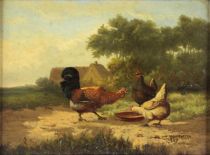 tableau Les poules VAN LEEMPUTTEN Johan Lodewijk paysage  huile panneau 19e sicle