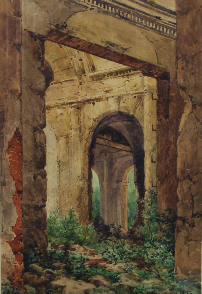 tableau Ruine de la cour des comptes CONSTANTIN Auguste Aristide  paysage  aquarelle papier 19e sicle