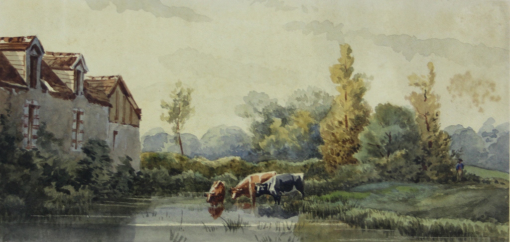 tableau Vaches  l'tang   animaux,paysage  aquarelle papier 