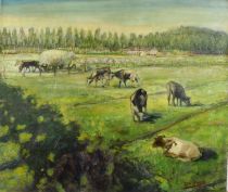 tableau Vaches au pré   paysage,scène rurale  huile marouflé 2ième moitié 20e siècle