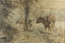 tableau Vaches au pr Keuller Vital animaux,paysage  crayon papier 2ime moiti 20e sicle