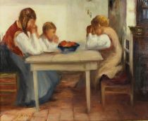 tableau Le repas Betigny Ernest personnage,scène de genre  huile toile 1ère moitié 20e siècle
