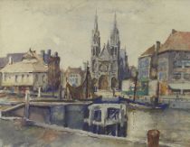 tableau Ostende Londot Charles marine,ville  aquarelle panneau de chne 1re moiti 20e sicle