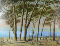 tableau La pinède Juan les Pins Cretelle Georges paysage,paysage marin,personnage,ville  huile panneau 2ième moitié 20e siècle