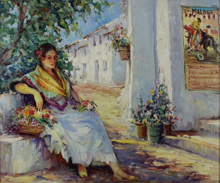 tableau Repos à Malaga Bueno C personnage,village  huile toile 2ième moitié 20e siècle