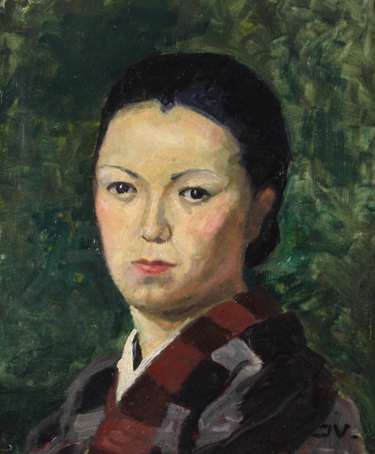 tableau La femme au kimono    portrait  huile toile 1ère moitié 20e siècle