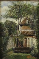 tableau La maison du fond du jardin Willemsen  paysage  huile panneau 1ère moitié 20e siècle