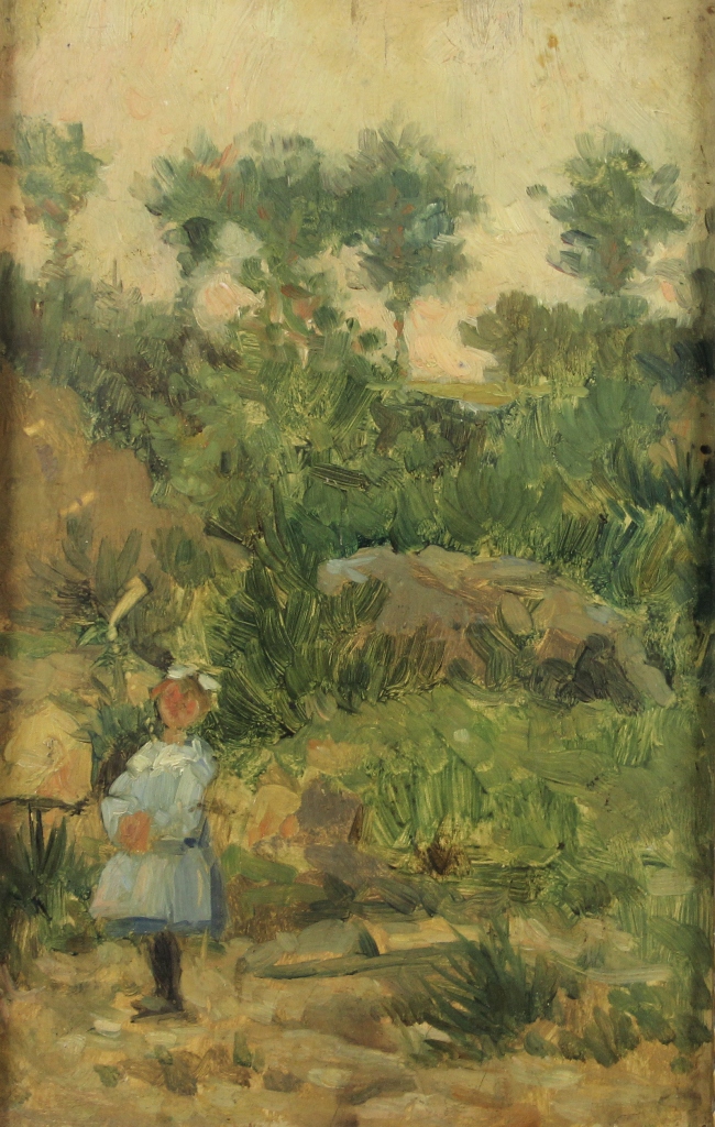 tableau La fillette    paysage,personnage  huile panneau 1ère moitié 20e siècle
