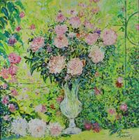 tableau Bouquet du jardin Bossut Yves fantastique,nature morte  huile toile 2ième moitié 20e siècle