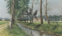 tableau Le long du canal Bougard Charles animaux,paysage  pastel papier 1ère moitié 20e siècle