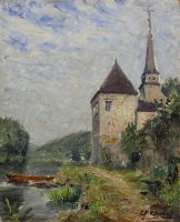 tableau La meuse à Godine Charlier Octave Joseph paysage,église  huile carton 1ère moitié 20e siècle