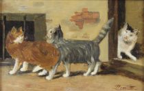 tableau Jeu de chats Francotte Fabienne animaux  huile panneau de chêne 2ième moitié 20e siècle