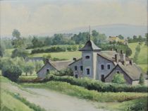 tableau Le hameau  Goffart J paysage,village  huile panneau 2ième moitié 20e siècle