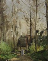 tableau Promenade au bois Rimbout Emile paysage,personnage,sous-bois  huile panneau 1ère moitié 20e siècle